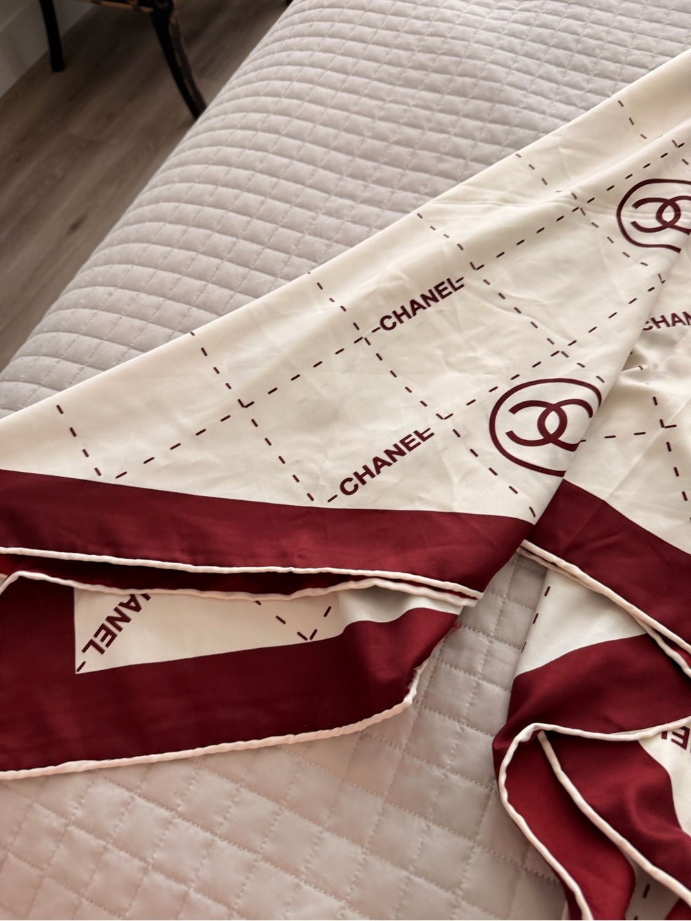 CHANEL Cream and Burgundy Logo-Print Throw